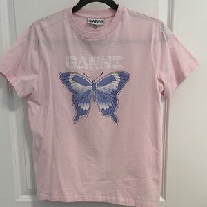 Ganni Pink Tee with Blue Butterfly Graphic